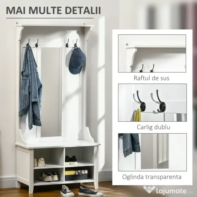 HOMCOM Mobilier de Hol cu Cuier și Oglindă, Design Modern, Spațiu de Depozitare, 80x40x170 cm, Alb | Aosom Romania
