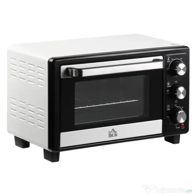 HOMCOM Cuptor Electric Ventilat cu Temperatură Reglabilă, 3 Moduri de Coacere, Tavă și Grătar, 44x32x28 cm, Alb | Aosom Romania