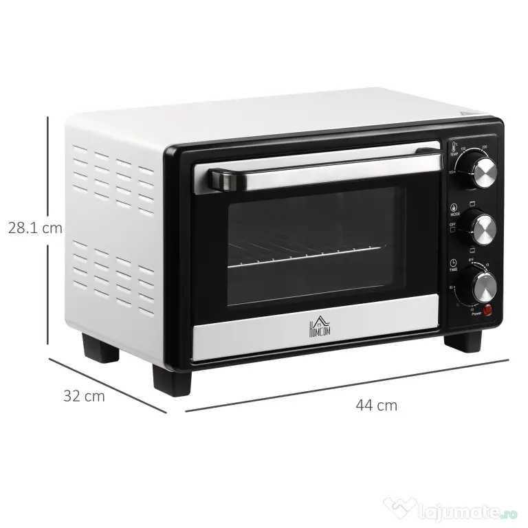 HOMCOM Cuptor Electric Ventilat cu Temperatură Reglabilă, 3 Moduri de Coacere, Tavă și Grătar, 44x32x28 cm, Alb | Aosom Romania