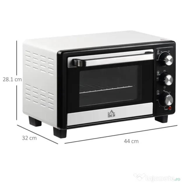 HOMCOM Cuptor Electric Ventilat cu Temperatură Reglabilă, 3 Moduri de Coacere, Tavă și Grătar, 44x32x28 cm, Alb | Aosom Romania