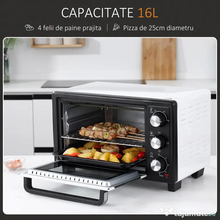 HOMCOM Cuptor Electric Ventilat cu Temperatură Reglabilă, 3 Moduri de Coacere, Tavă și Grătar, 44x32x28 cm, Alb | Aosom Romania