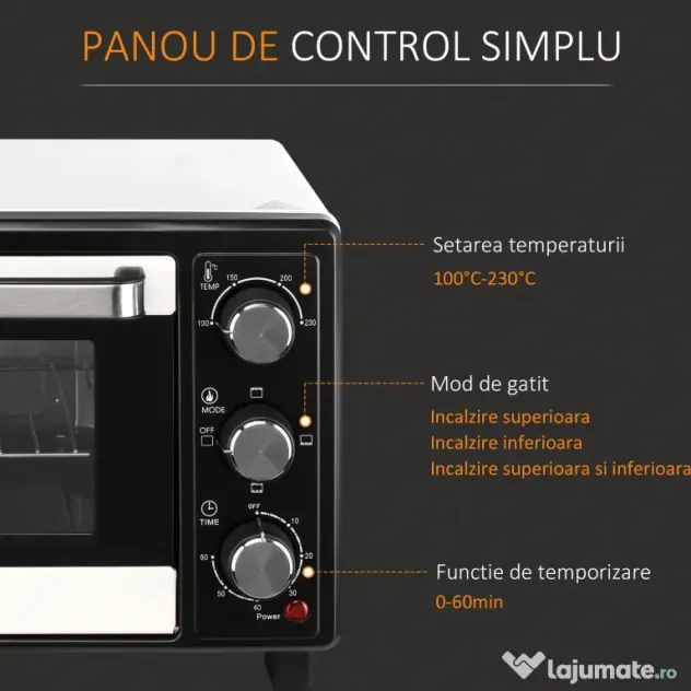 HOMCOM Cuptor Electric Ventilat cu Temperatură Reglabilă, 3 Moduri de Coacere, Tavă și Grătar, 44x32x28 cm, Alb | Aosom Romania