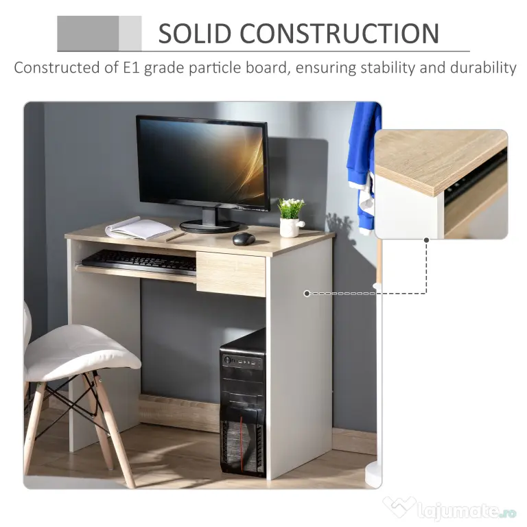 HOMCOM Birou pentru Dormitor, PC din Lemn, Blat Tastatură, Design Compact, Alb și Stejar, Ideal pentru Spații Mici | Aosom Romania