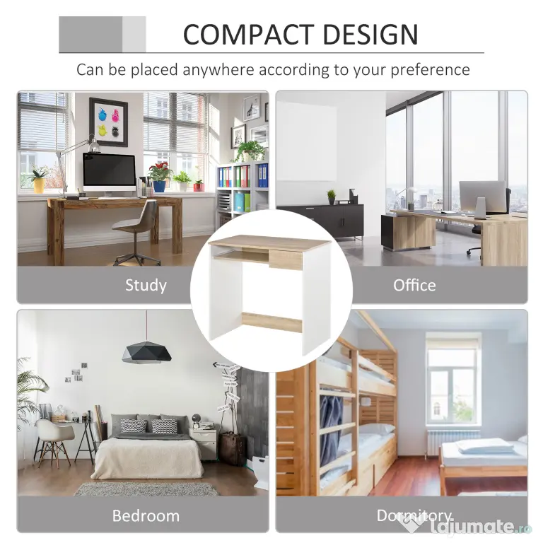 HOMCOM Birou pentru Dormitor, PC din Lemn, Blat Tastatură, Design Compact, Alb și Stejar, Ideal pentru Spații Mici | Aosom Romania