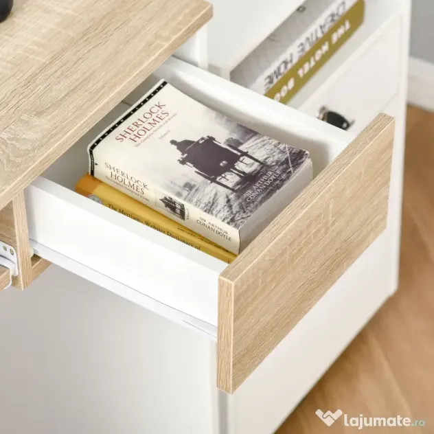 HOMCOM Birou pentru Dormitor, PC din Lemn, Blat Tastatură, Design Compact, Alb și Stejar, Ideal pentru Spații Mici | Aosom Romania