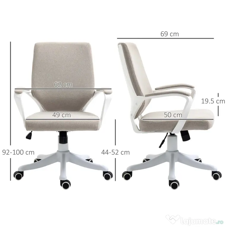 Vinsetto Scaun Ergonomic de Birou, Reglabil în înălțime Pivotant 360° cu Legănare, 62x69x92-100 cm, Bej | Aosom Romania