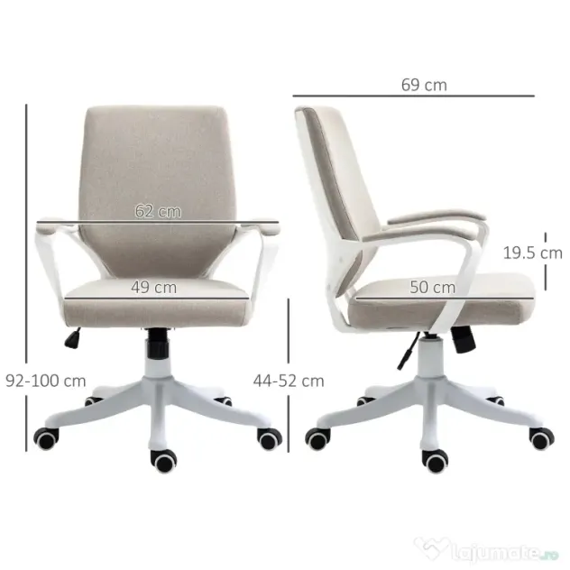 Vinsetto Scaun Ergonomic de Birou, Reglabil în înălțime Pivotant 360° cu Legănare, 62x69x92-100 cm, Bej | Aosom Romania