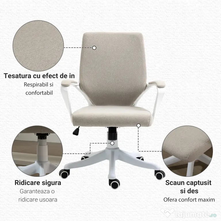 Vinsetto Scaun Ergonomic de Birou, Reglabil în înălțime Pivotant 360° cu Legănare, 62x69x92-100 cm, Bej | Aosom Romania