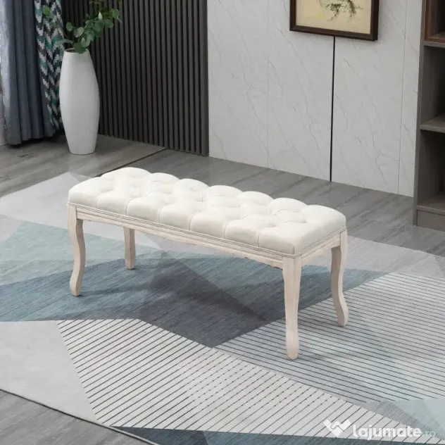 HOMCOM Bancă de Pat Vintage cu Butoni, Bancă Capitonată cu Picioare din Lemn, 110x40x48 cm, Bej | Aosom Romania