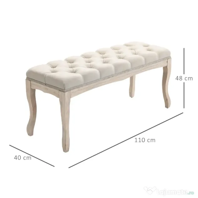 HOMCOM Bancă de Pat Vintage cu Butoni, Bancă Capitonată cu Picioare din Lemn, 110x40x48 cm, Bej | Aosom Romania
