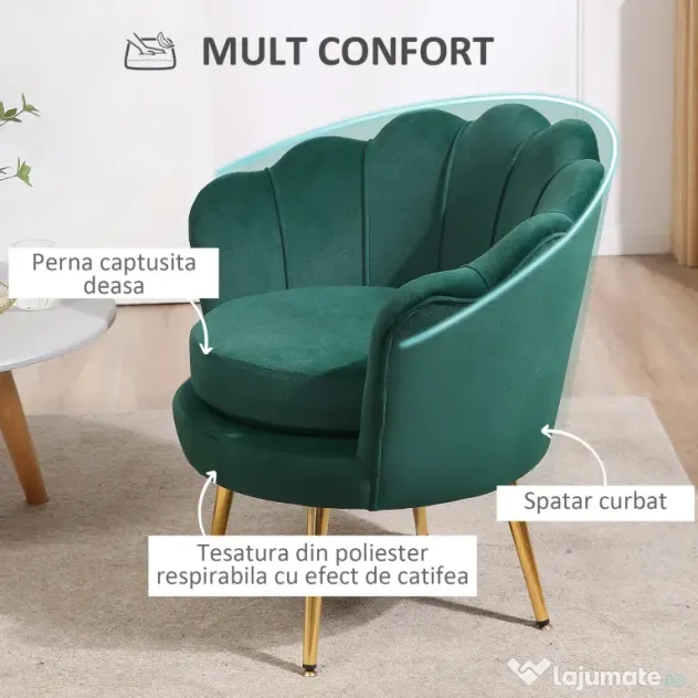 Fotoliu Vintage HOMCOM cu Design din Catifea Verde Fotoliu de Dormitor cu Spatar Inalt 75x63x73cm | Aosom RO