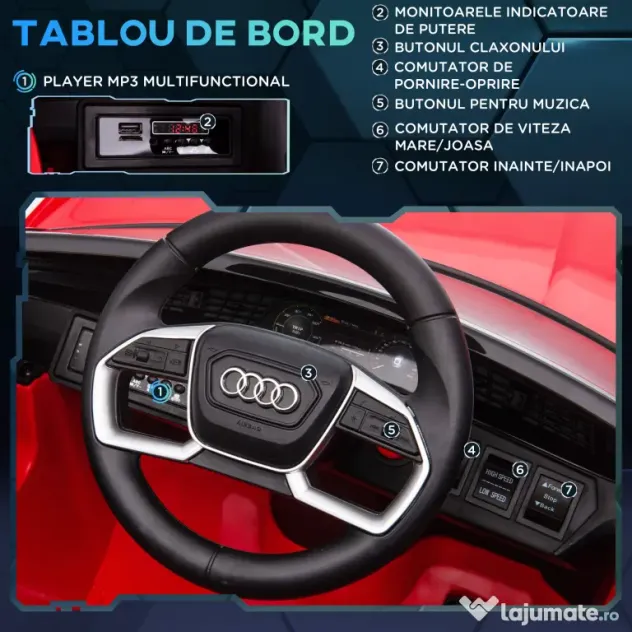 HOMCOM Mașinuță Electrică pentru Copii de 3-5 Ani cu Motor 12V și Alimentat cu Două Baterii, 108x60x47 cm, Roșu | Aosom Romania