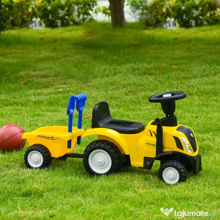 Tractor pentru Copii 12-36 Luni HOMCOM, Prevazut cu Loc cu Remorca, Grebla si Lopata, Joc Educativ, 91x29x44cm, Galben | Aosom Romania