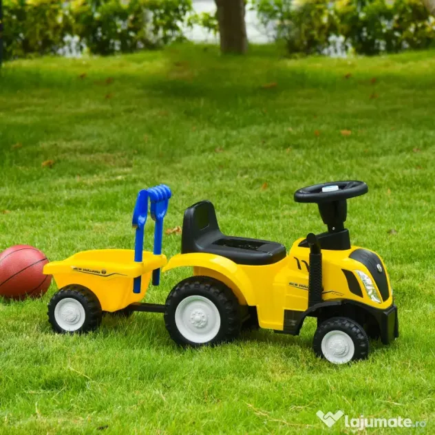 Tractor pentru Copii 12-36 Luni HOMCOM, Prevazut cu Loc cu Remorca, Grebla si Lopata, Joc Educativ, 91x29x44cm, Galben | Aosom Romania