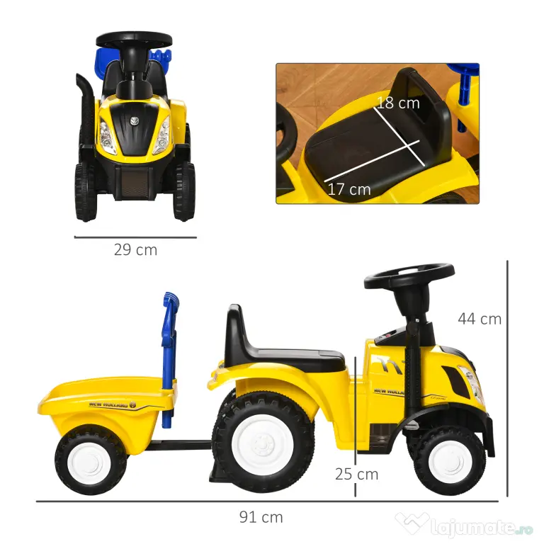 Tractor pentru Copii 12-36 Luni HOMCOM, Prevazut cu Loc cu Remorca, Grebla si Lopata, Joc Educativ, 91x29x44cm, Galben | Aosom Romania