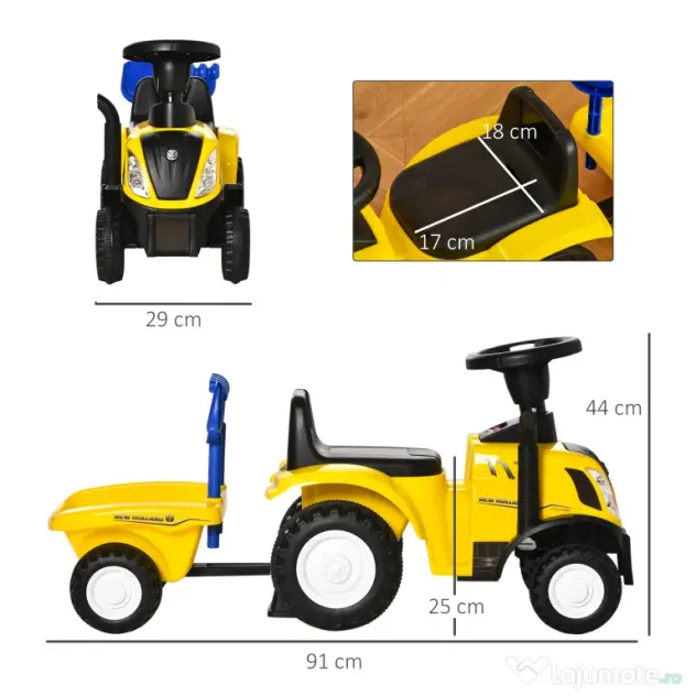 Tractor pentru Copii 12-36 Luni HOMCOM, Prevazut cu Loc cu Remorca, Grebla si Lopata, Joc Educativ, 91x29x44cm, Galben | Aosom Romania