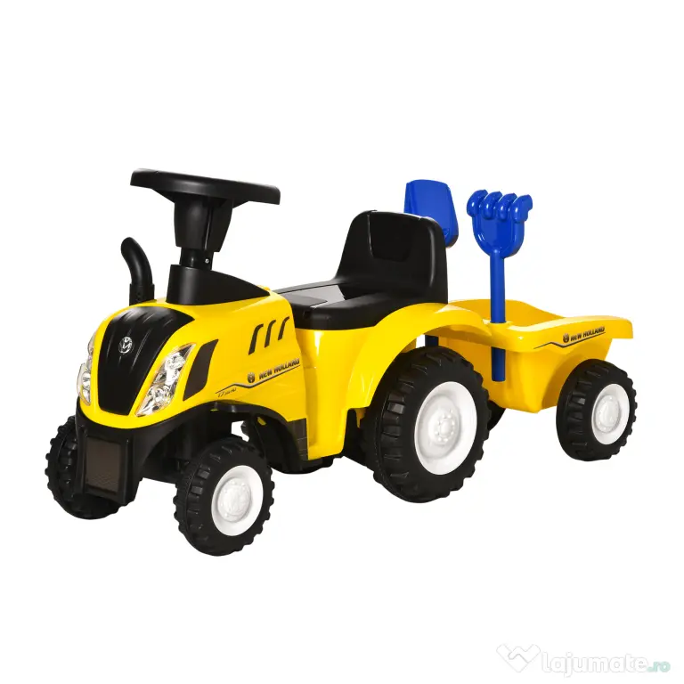 Tractor pentru Copii 12-36 Luni HOMCOM, Prevazut cu Loc cu Remorca, Grebla si Lopata, Joc Educativ, 91x29x44cm, Galben | Aosom Romania