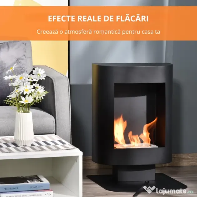 Semineu portabil HOMCOM, fara aerisire, cu arzatoare cu bioetanol de 0.9L/3 ore, incalzitoare cu baza din otel 2000W pentru interior/exterior, Negru
