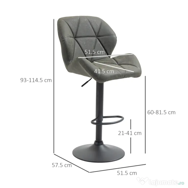 HOMCOM Set 2 Scaune de Bar Reglabile, Design Modern, Piele Ecologică, Gri, Confort Superior | Aosom Romania