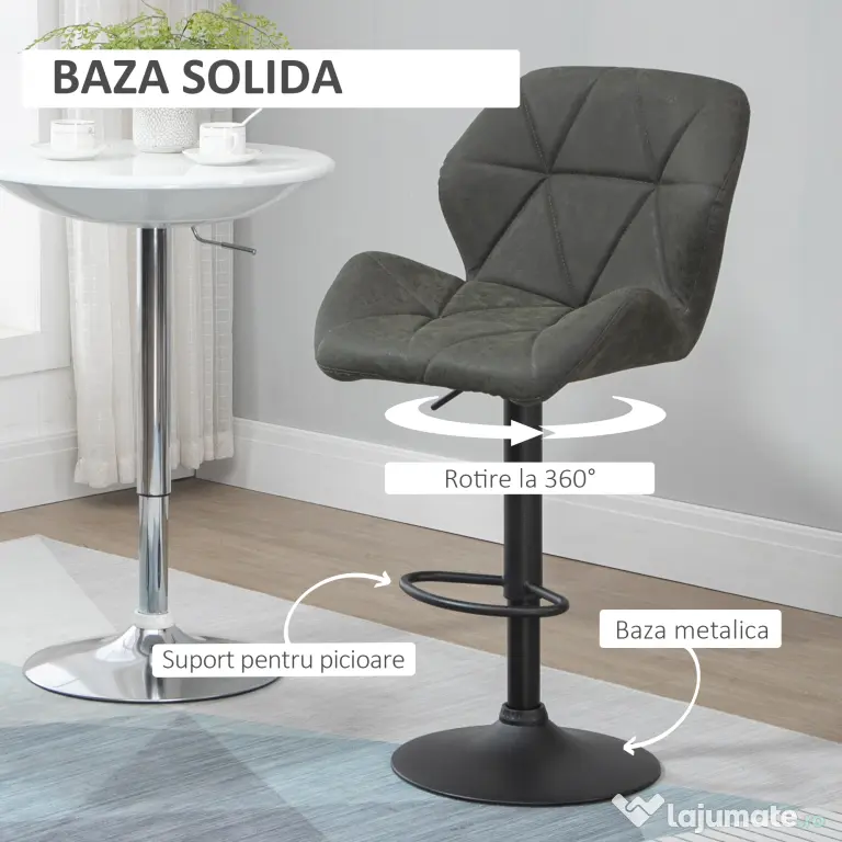 HOMCOM Set 2 Scaune de Bar Reglabile, Design Modern, Piele Ecologică, Gri, Confort Superior | Aosom Romania