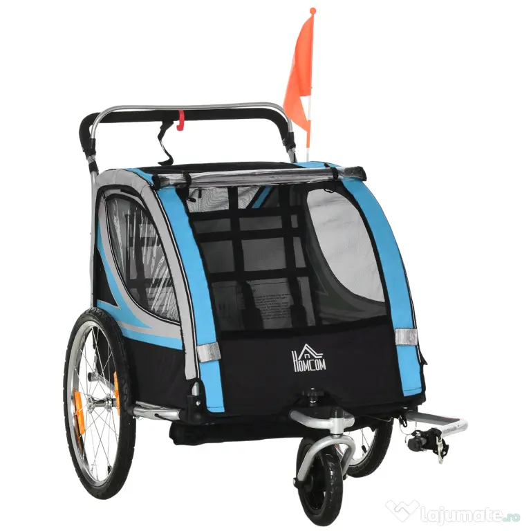 HOMCOM Remorcă Bicicletă pentru Copii, Design 2 în 1 cu Frână și Centură de Siguranță, 142x75x101 cm, Albastru