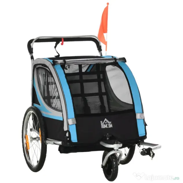 HOMCOM Remorcă Bicicletă pentru Copii, Design 2 în 1 cu Frână și Centură de Siguranță, 142x75x101 cm, Albastru