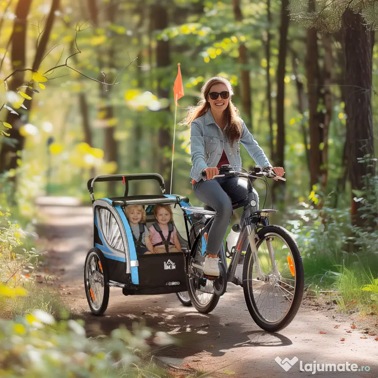 HOMCOM Remorcă Bicicletă pentru Copii, Design 2 în 1 cu Frână și Centură de Siguranță, 142x75x101 cm, Albastru