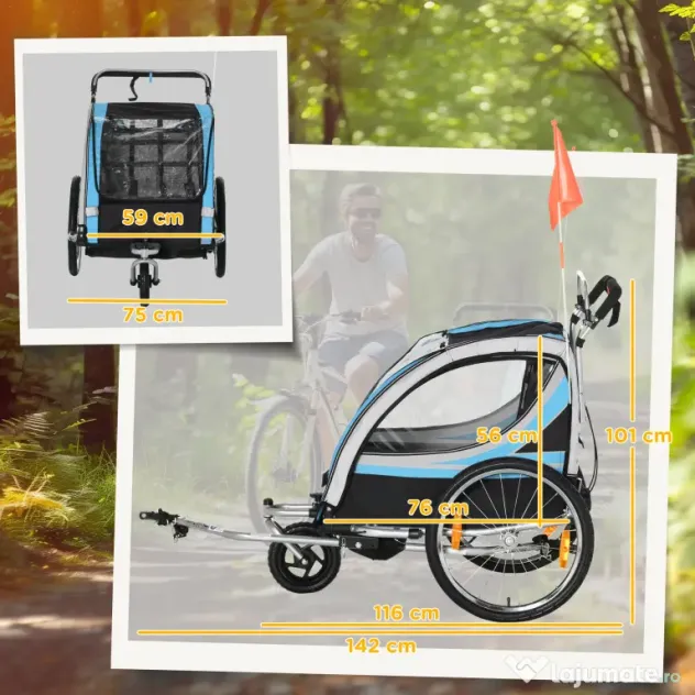 HOMCOM Remorcă Bicicletă pentru Copii, Design 2 în 1 cu Frână și Centură de Siguranță, 142x75x101 cm, Albastru