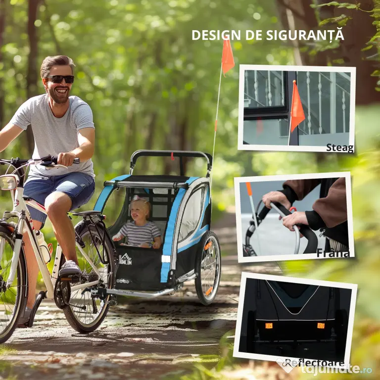 HOMCOM Remorcă Bicicletă pentru Copii, Design 2 în 1 cu Frână și Centură de Siguranță, 142x75x101 cm, Albastru