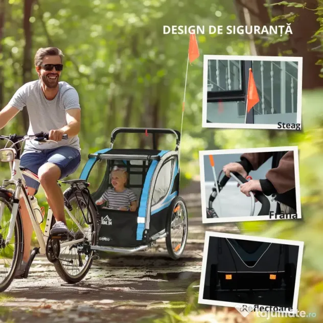 HOMCOM Remorcă Bicicletă pentru Copii, Design 2 în 1 cu Frână și Centură de Siguranță, 142x75x101 cm, Albastru