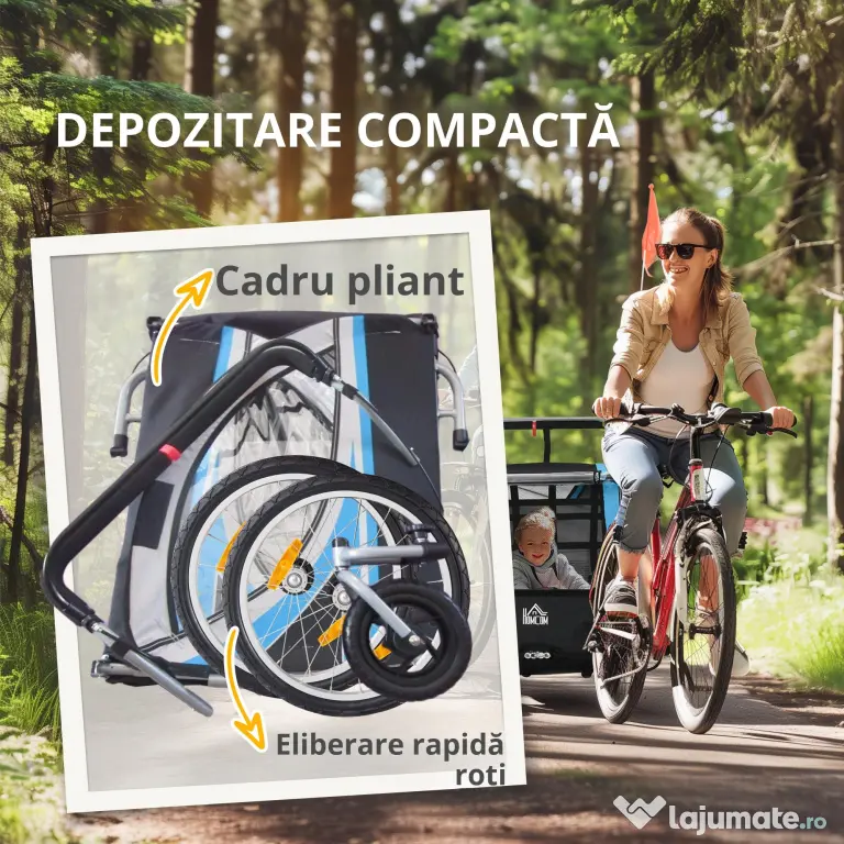 HOMCOM Remorcă Bicicletă pentru Copii, Design 2 în 1 cu Frână și Centură de Siguranță, 142x75x101 cm, Albastru