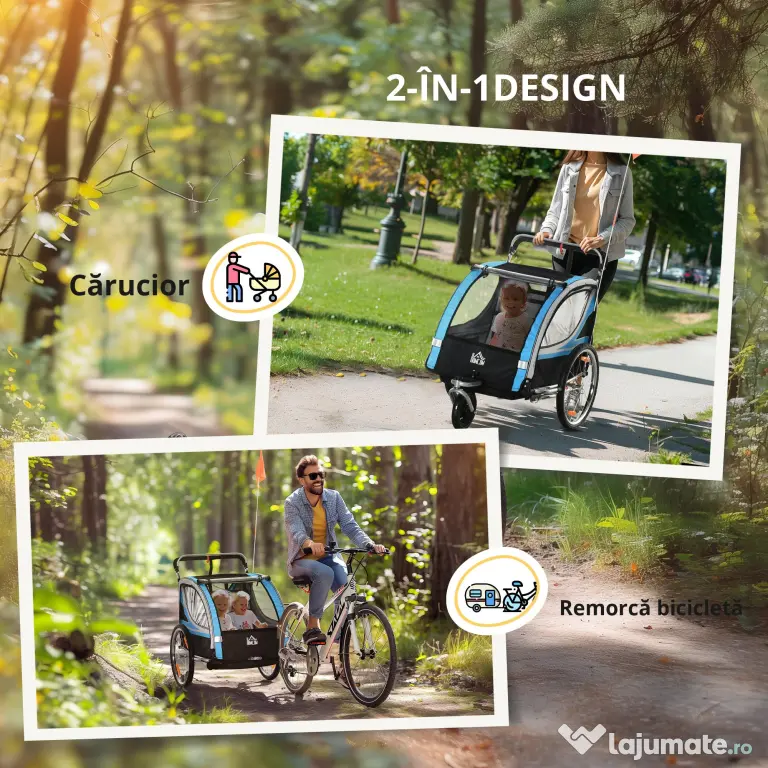 HOMCOM Remorcă Bicicletă pentru Copii, Design 2 în 1 cu Frână și Centură de Siguranță, 142x75x101 cm, Albastru