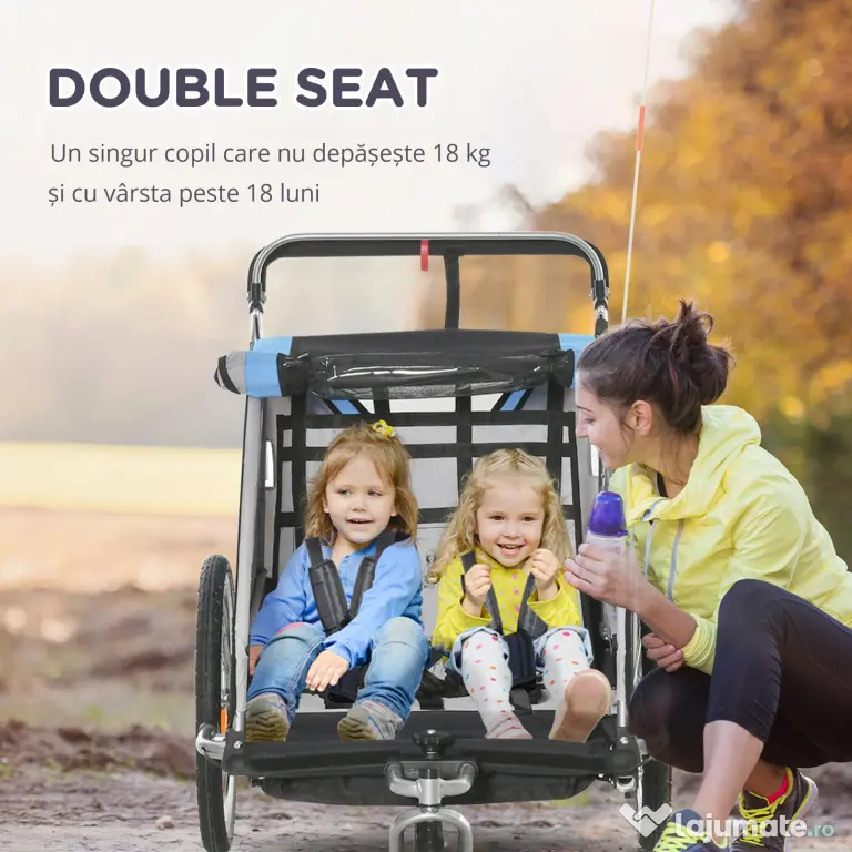 HOMCOM Remorcă Bicicletă pentru Copii, Design 2 în 1 cu Frână și Centură de Siguranță, 142x75x101 cm, Albastru