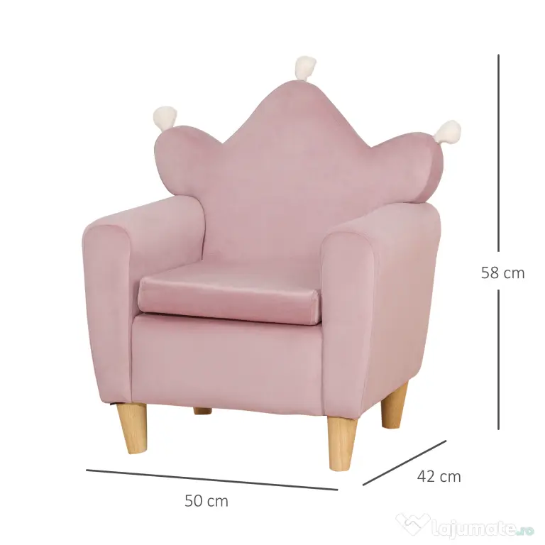 HOMCOM Fotoliu pentru Copii din Material Textil cu Efect de Catifea Roz, cu Spătar în Formă de Coroană, 50.2x41.9x57.8 cm | Aosom Romania
