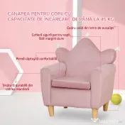 HOMCOM Fotoliu pentru Copii din Material Textil cu Efect de Catifea Roz, cu Spătar în Formă de Coroană, 50.2x41.9x57.8 cm | Aosom Romania 