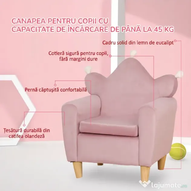 HOMCOM Fotoliu pentru Copii din Material Textil cu Efect de Catifea Roz, cu Spătar în Formă de Coroană, 50.2x41.9x57.8 cm | Aosom Romania