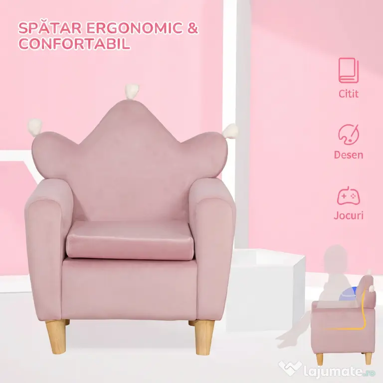 HOMCOM Fotoliu pentru Copii din Material Textil cu Efect de Catifea Roz, cu Spătar în Formă de Coroană, 50.2x41.9x57.8 cm | Aosom Romania