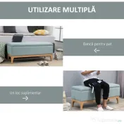 Banca de Depozitare HOMCOM din Tesatura cu Efect In si Lemn pentru Hol, 110x39x45lcm, Albastru deschis | Aosom Romania 