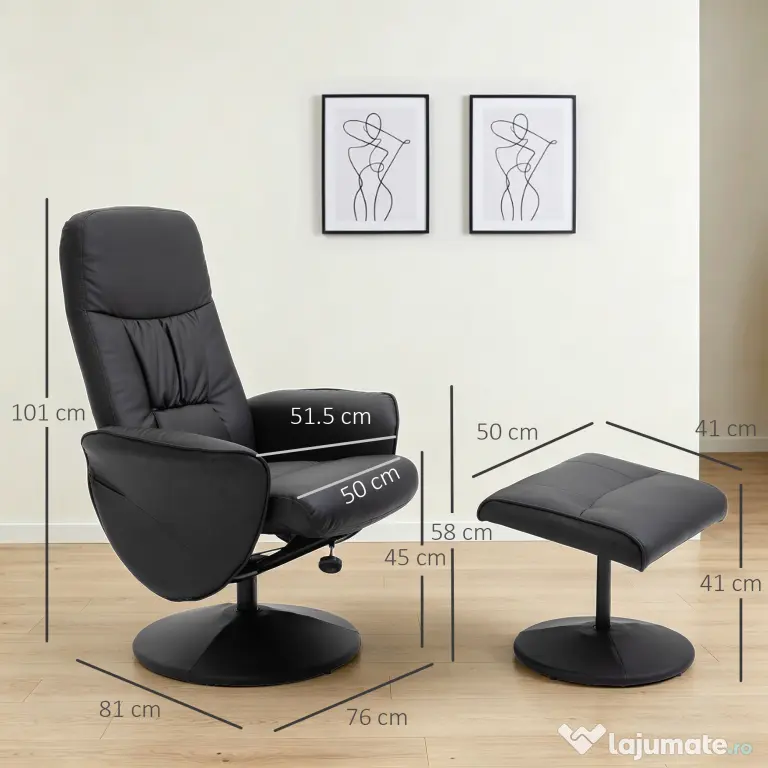 HOMCOM Fotoliu Relax Rotativ 360° din Metal și Piele Sintetică, cu Suport pentru Picioare, Spătar Reglabil, Negru | Aosom Romania