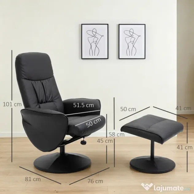 HOMCOM Fotoliu Relax Rotativ 360° din Metal și Piele Sintetică, cu Suport pentru Picioare, Spătar Reglabil, Negru | Aosom Romania