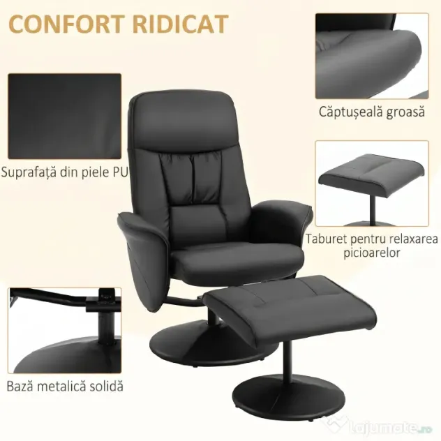 HOMCOM Fotoliu Relax Rotativ 360° din Metal și Piele Sintetică, cu Suport pentru Picioare, Spătar Reglabil, Negru | Aosom Romania