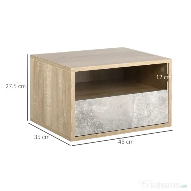 HOMCOM Set de 2 Noptiere Suspendate din Lemn cu Sertar și Raft Deschis, Design Modern, Gri și Lemn, Dimensiuni 45x35x27.5cm | Aosom Romania