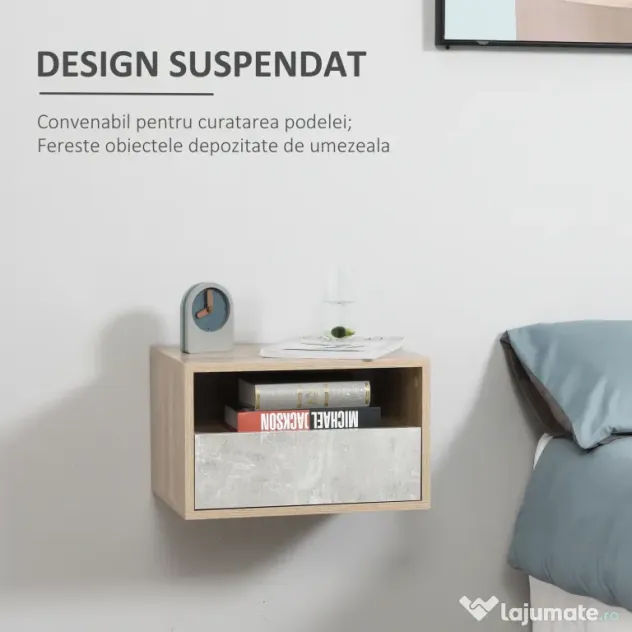 HOMCOM Set de 2 Noptiere Suspendate din Lemn cu Sertar și Raft Deschis, Design Modern, Gri și Lemn, Dimensiuni 45x35x27.5cm | Aosom Romania