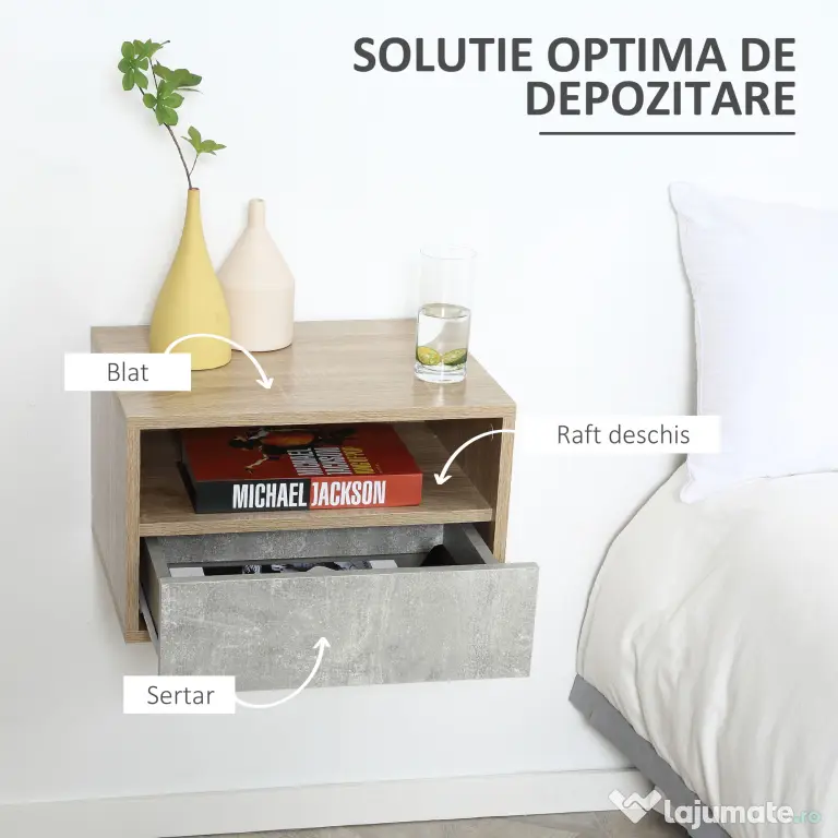 HOMCOM Set de 2 Noptiere Suspendate din Lemn cu Sertar și Raft Deschis, Design Modern, Gri și Lemn, Dimensiuni 45x35x27.5cm | Aosom Romania