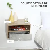 HOMCOM Set de 2 Noptiere Suspendate din Lemn cu Sertar și Raft Deschis, Design Modern, Gri și Lemn, Dimensiuni 45x35x27.5cm | Aosom Romania