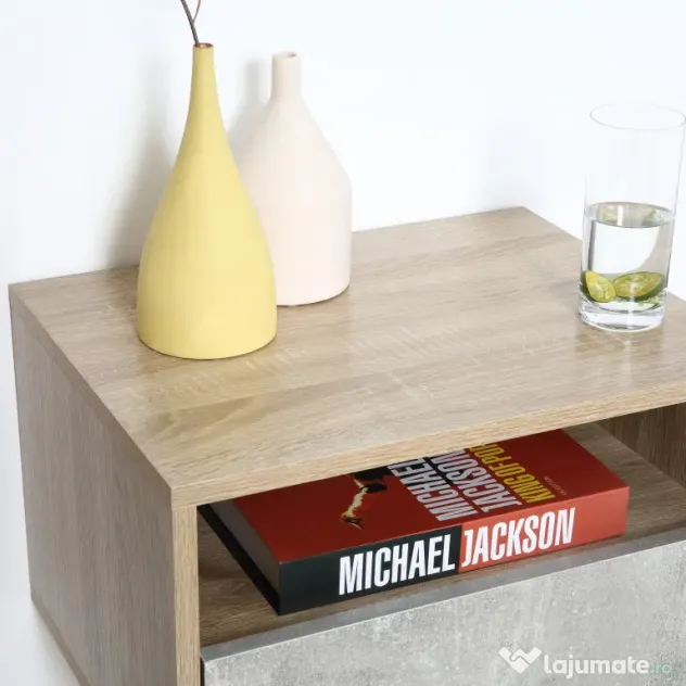 HOMCOM Set de 2 Noptiere Suspendate din Lemn cu Sertar și Raft Deschis, Design Modern, Gri și Lemn, Dimensiuni 45x35x27.5cm | Aosom Romania