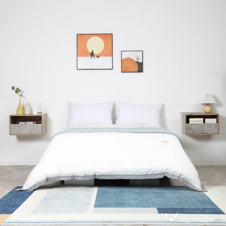 HOMCOM Set de 2 Noptiere Suspendate din Lemn cu Sertar și Raft Deschis, Design Modern, Gri și Lemn, Dimensiuni 45x35x27.5cm | Aosom Romania