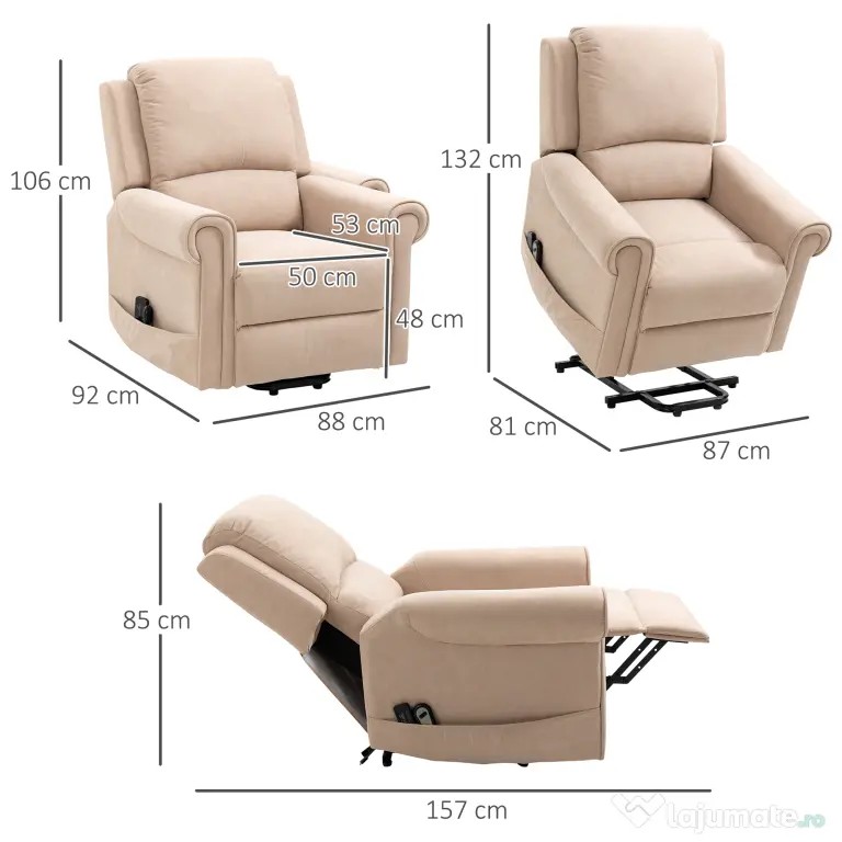 HOMCOM Scaun Electric, Rabatabil la 135° cu Telecomandă, Suport pentru Picioare și 8 Puncte de Masaj, 85x94,5x103 cm, Maro Deschis | Aosom Romania
