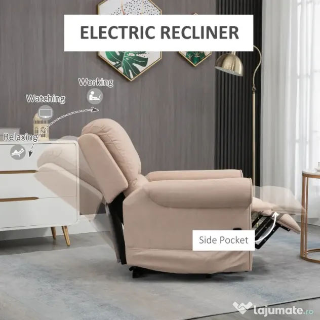 HOMCOM Scaun Electric, Rabatabil la 135° cu Telecomandă, Suport pentru Picioare și 8 Puncte de Masaj, 85x94,5x103 cm, Maro Deschis | Aosom Romania
