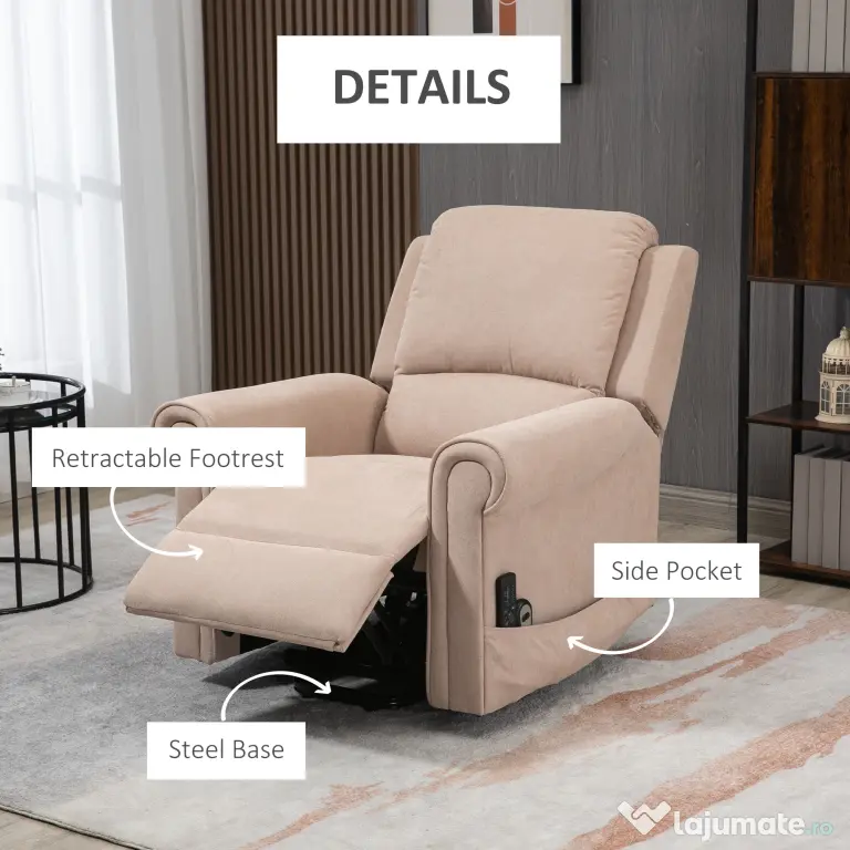 HOMCOM Scaun Electric, Rabatabil la 135° cu Telecomandă, Suport pentru Picioare și 8 Puncte de Masaj, 85x94,5x103 cm, Maro Deschis | Aosom Romania
